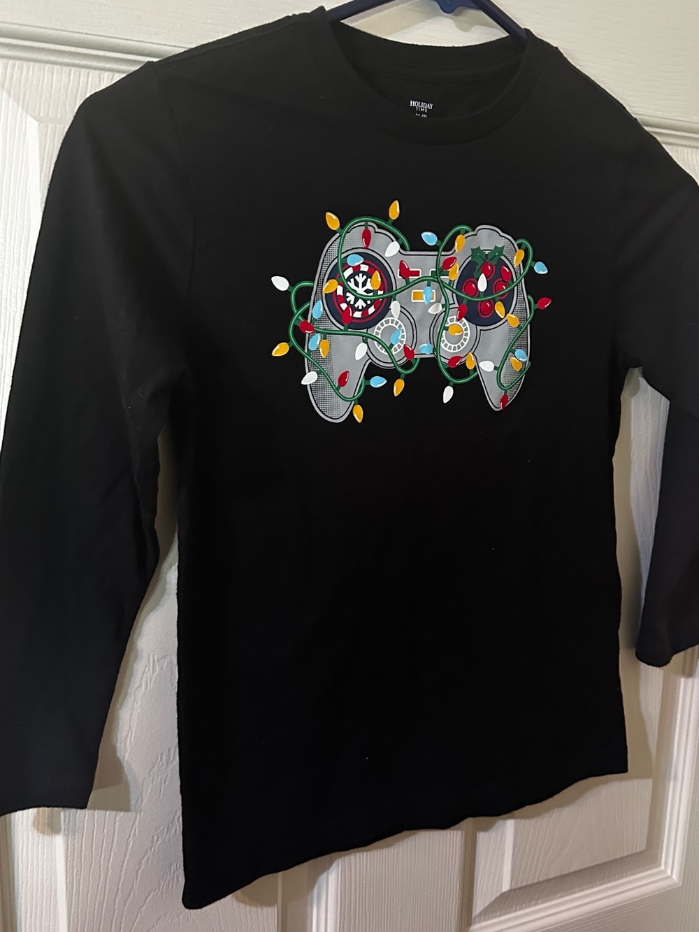 Holiday Time Black Long-Sleeve Tee with Holiday Gaming Controller Graphic